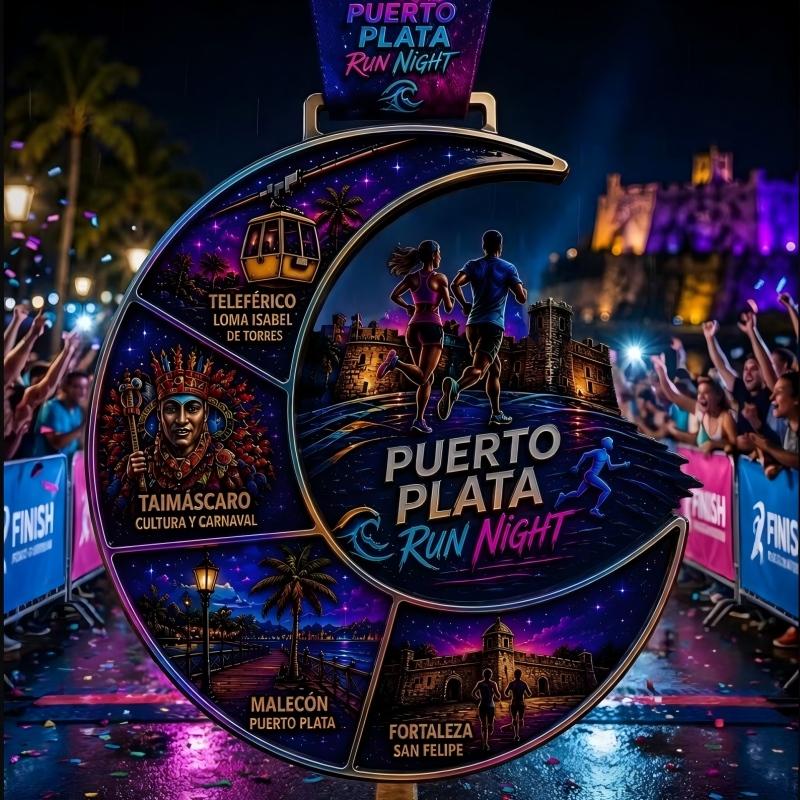 Realistic 70mm marathon medal worn by runner at night race finish line.jpg