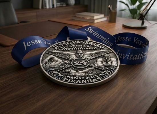 Customized swimming medal with a ribbon attached